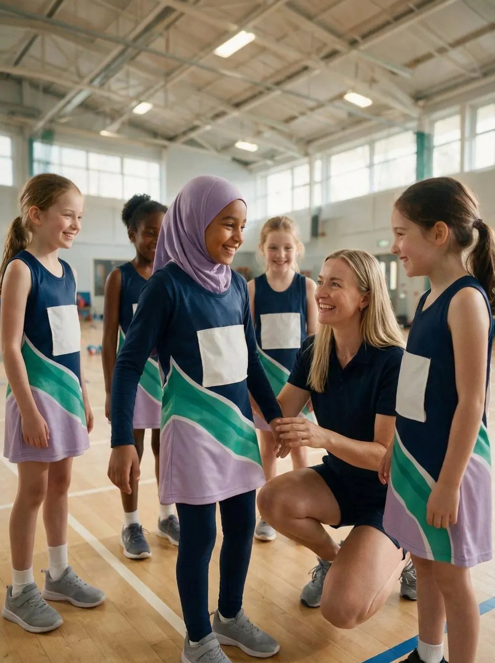 A coach kneels to encourage a smiling player in a lilac hijab, with teammates in club kit gathered round