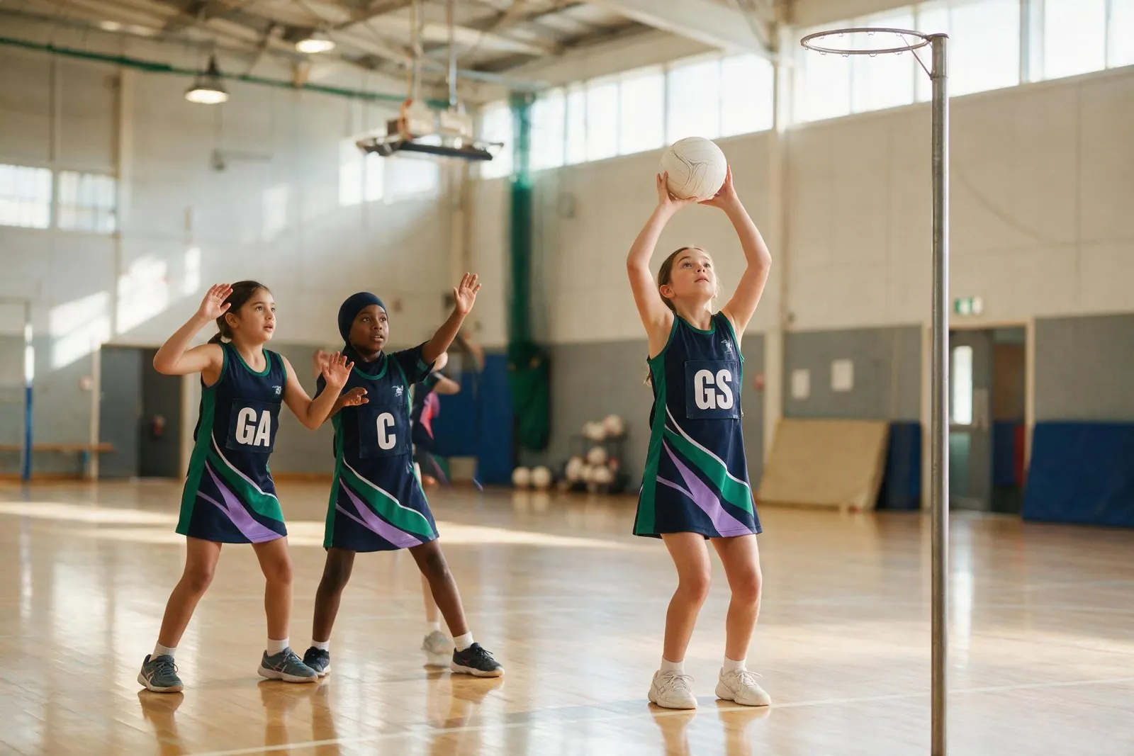 Three young players in navy and green kit in a sports hall, one lifting the ball to shoot at the netball post