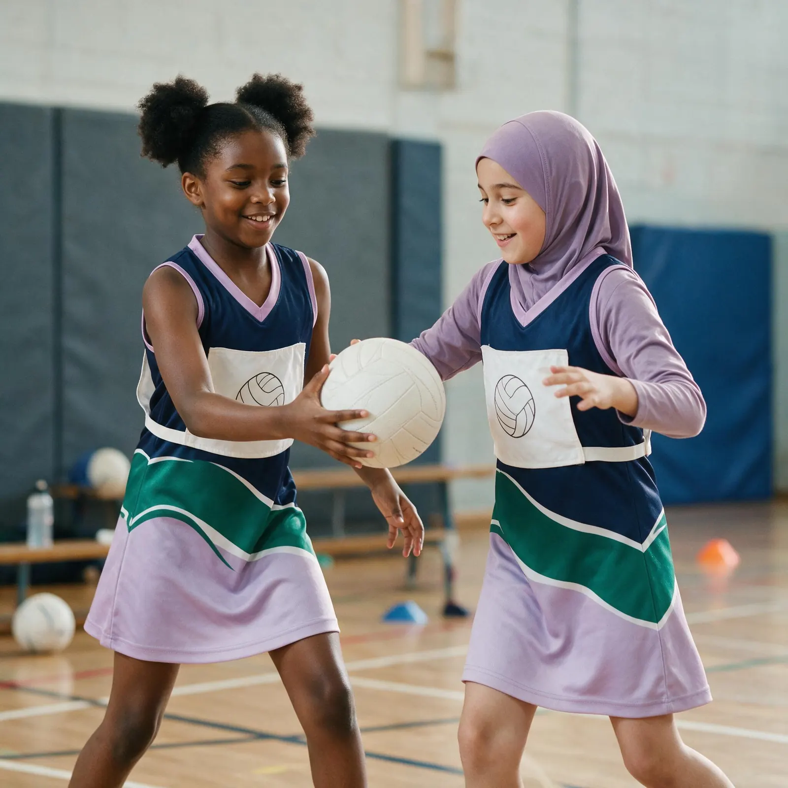 Two young players in navy, green and lilac kit passing a netball in a sports hall, one wearing a lilac hijab