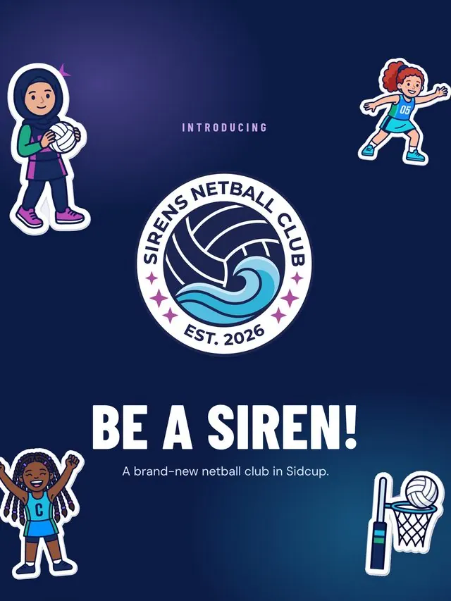 Instagram post: the Sirens Netball Club crest on navy with cartoon player stickers and the words Be a Siren!