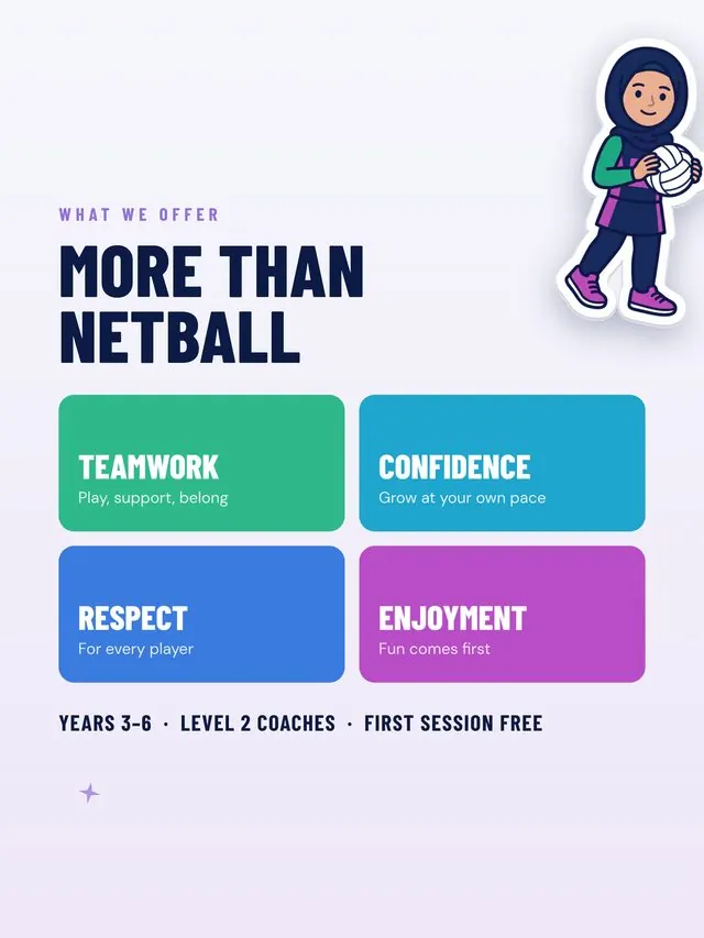 Instagram post headed More than netball, listing the club values: Teamwork, Confidence, Respect and Enjoyment