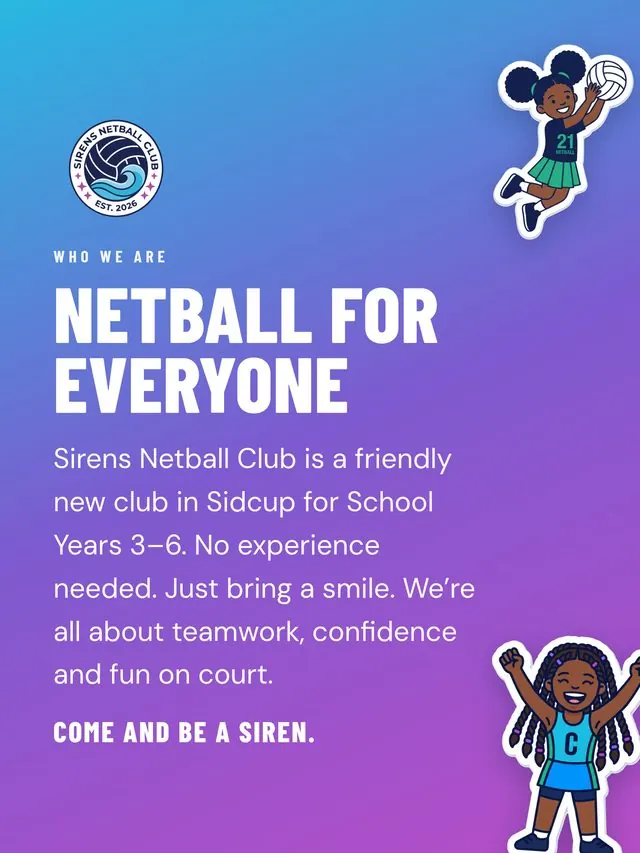 Instagram post headed Netball for everyone: a friendly club in Sidcup for School Years 3–6, no experience needed